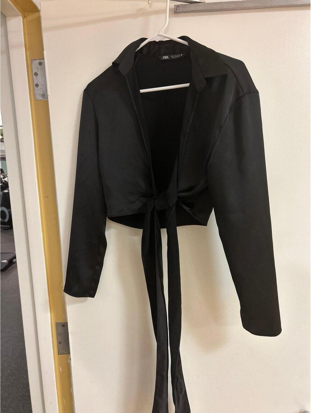 Zara black satin tie-front long-sleeve crop top blouse.